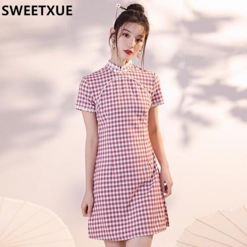 SWEETXUE Cheongsam 2021 Women Chinese Style Check Lace Patchwork Mandarin Collar Fashion Slim Cute Retro Beaded Party Dress Lady