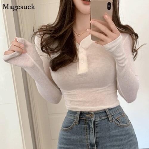 Korean Casual V-neck Long Sleeve Women T Shirt 2021 Spring Button Solid Slim Woman T-Shirts High Quality Cotton Tee Shirts 14404