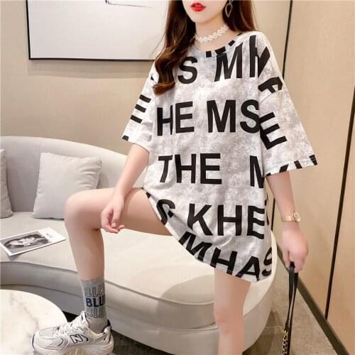 QRWR T Shirt Women 2021 Korean Summer O Neck Letter Print Short Sleeve Womens Top Loose Straight Long Oversized T Shirt