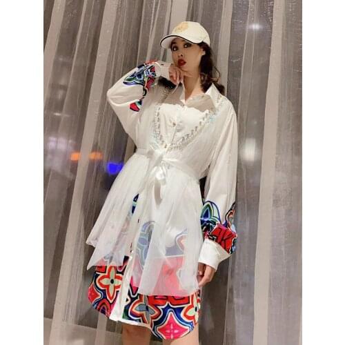 Oversized Mesh WomenS Blouse With Beading Lace Long Sleeve Shirts Female Adjustable Waist Fake Two Cardigan 2021 Spring Summer