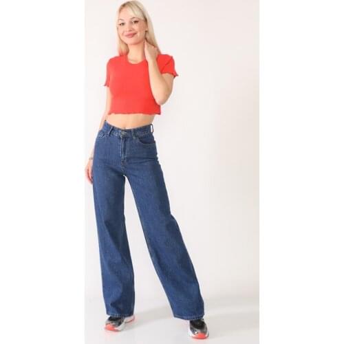 Women, Jeans, Dark Blue, High Waist, Wide Leg, Solid Color, Comfortable, Cotton, Full Length, Denim Pants, 2021 Spring Summer