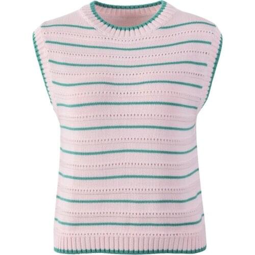 Sleeveless Striped Contrast Color Hollow Knitted Vest Loose Top Sweater 2021 Summer Women New O-Neck Women Street Trend Brand
