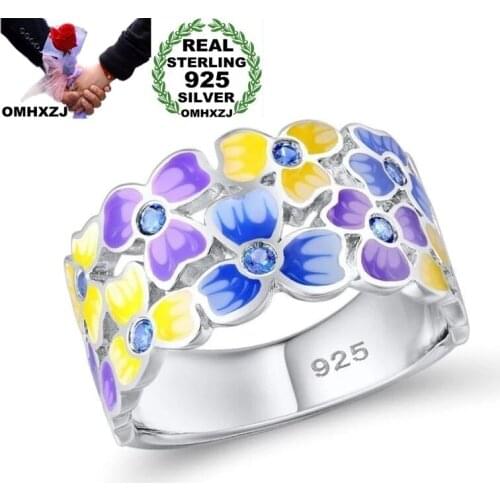 OMHXZJ Wholesale RR1256 European Fashion Fine Woman Girl Party Birthday Wedding Gift Flower AAA Zircon 925 Sterling Silver Ring