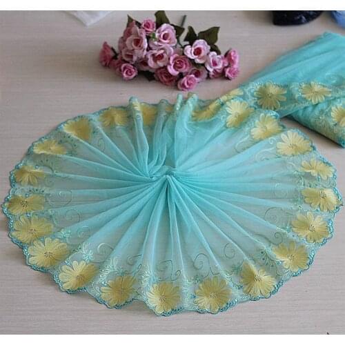 2 Yards Lace Trim Yellow Flower Embroidered Cyan Tulle Lace Trim 7.87 Inches Wide High Quality