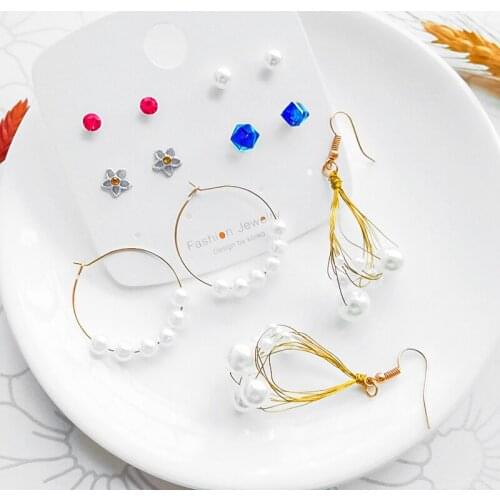 2021 Hot Sale Womens Stud Earrings Set Korean Pearl Crystal Geometric Handmade Drop Earrings Trend Boho Hoop Earrings Jewelry