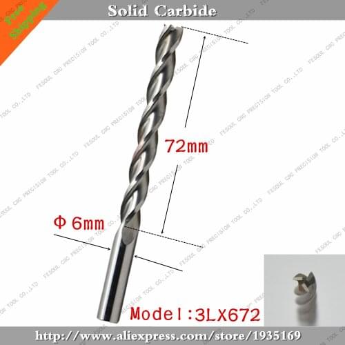 6mm*72mm,1pcs,Free shipping 3 Flutes End Mill,CNC milling Cutter,Solid carbide woodworking router bit,PVC,MDF,Acrylic,wood
