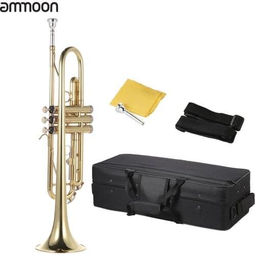 Ammoon Trumpet Bb Flat Brass Gold-painted Exquisite Durable Musical Instrument with Mouthpiece Gloves Strap Case