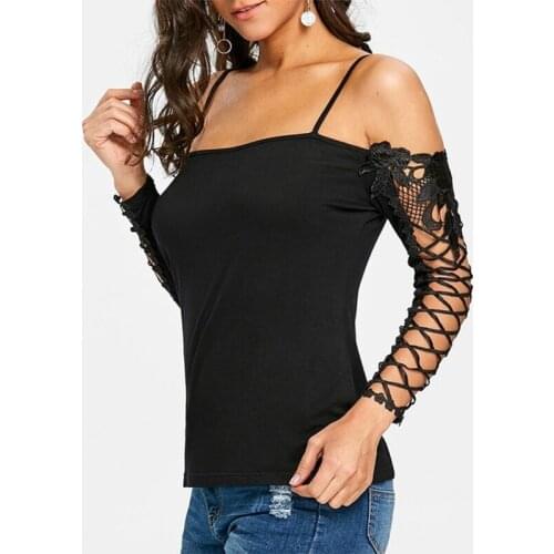 Women Shirts Blouses Lace Patchwork Off Shoulder Shirt Elegant Ladies Slim Sexy Shirt and Blouse Black Long Sleeve Tops