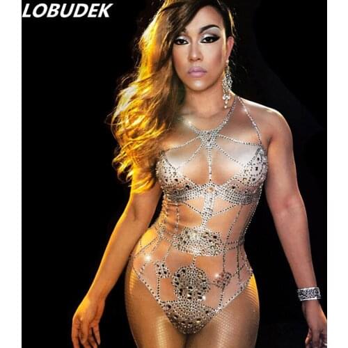 Sexy Skin Color Rhinestones Sleeveless Bodysuit Women DJ Singer Nightclub Bar DS Costume Models Catwalk Party Show Stage Wear