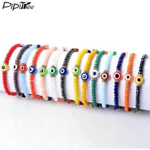 Pipitree Colorful Acrylic Beads Evil Eye Charm Bracelet Boho Handmade Strand Beaded Bracelet For Women Girls Elastic Jewelry