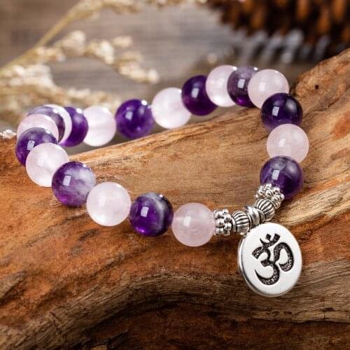 Pink Quartz Stones Amethystine OM Charm Bracelets Mala Meditation Women Prayer Yoga Bracelets