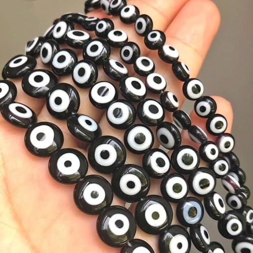 Rondelle Black Evil Eye Lampwork Glazed Glass Beads Flat Round Loose Spacer Beads For Jewelry Making 6/8/10mm DIY Bracelets 15"