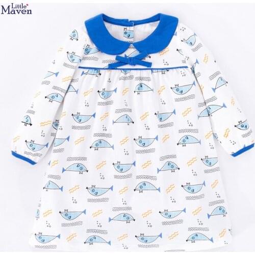 Little Maven New Spring Autumn Kids White fish Printed O-neck Girls 2-6yrs Bow Full-sleeved Cotton Knitted Casual Dresses