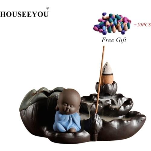 HOUSEEYOU Zen Buddha Monk Lotus Pond Backflow Incense Burner Stick Incense Holder Stand Base Aromatherapy Furnace Censer Crafts