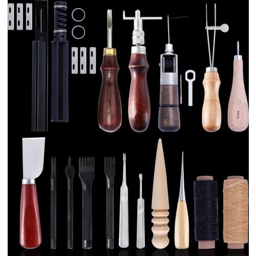 MIUSIE Leather Sewing Tools DIY Leather Craft Tools Hand Stitching Tool Set Saddle Groover with Awl Waxed Thread Thimble Kit