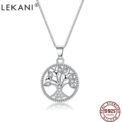 LEKANI Light Luxury Necklace For Women S925 Sterling Silver Life Tree Cubic Zirconia Leaf Pendent Necklace Disk Shape Jewelry