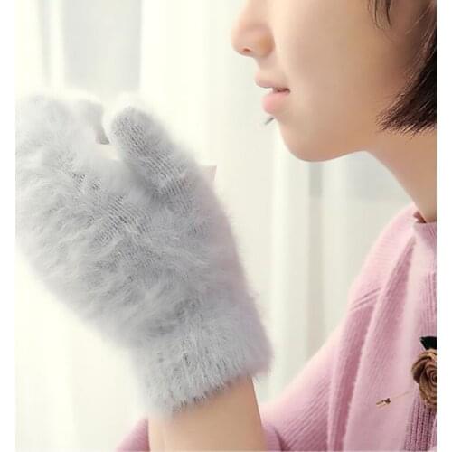 Fashion Women Winter Wool Gloves Rabbit Fur Mittens Thick Knitted Warm Full Fingers Gloves Girls Apparel Accessories