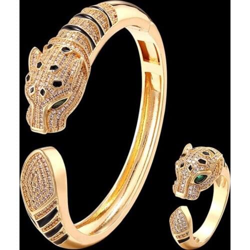 Zlxgirl Black Enamel Leopard Ladies Hand Bangles with Full Cubic Zircon Copper Material Bracelet and Ring Sets for Ladies