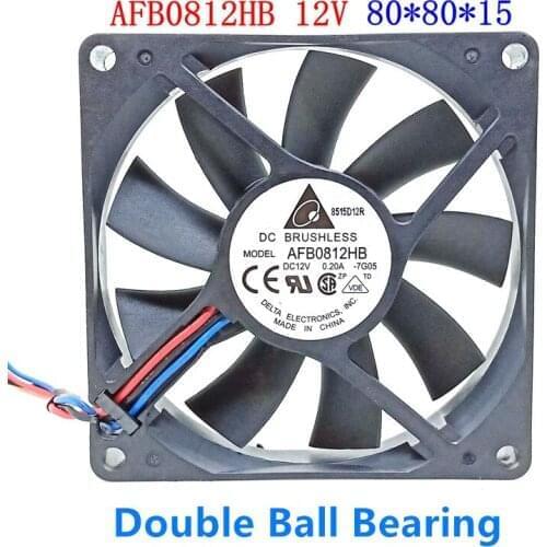 Original Delta AFB0812HB Server Fan 8CM 80MM 8015 80*80*15MM Double ball bearing Cooling fan 12V 0.2A 3 wire fan with 3PIN