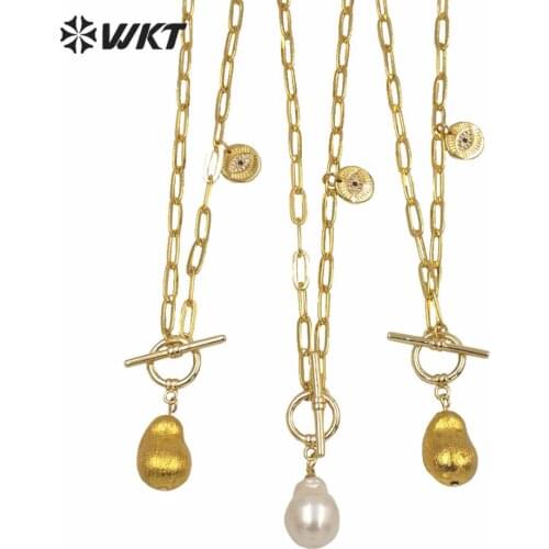 WT-JN129 Luxury Women Gold Eletroplated Brass Link Chain Baroque Peal Necklace In Waterdrop Shape Women Jewelry Gift