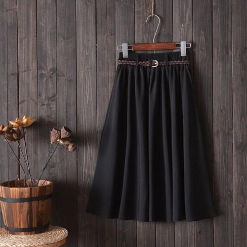 Midi Knee Length Summer Skirt Women With Belt 2021 Fashion Korean Ladies High Waist Pleated A-line School Skirt Female