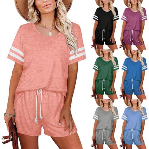 Womens Short-Sleeved Top T-Shirt Shorts Suit Short-Sleeved Striped T-Shirt Pocket Shorts Casual Two-Piece Suit