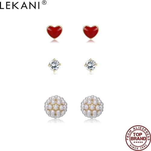 LEKANI 100% 925 Sterling Silver For Women Round Zircon Stud Earrings Red Heart And Ball Pearl Earrings Set Anniversary Jewelry