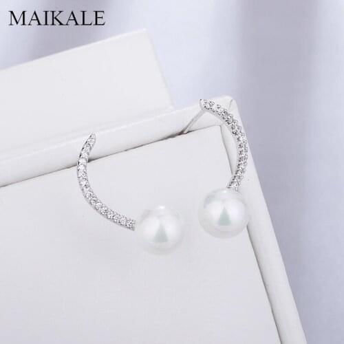 MAIKALE Korean Safety Pin Stud Earrings Pearl Cubic Zirconia Earring Copper Gold Small Earings for Women Fashion Gifts