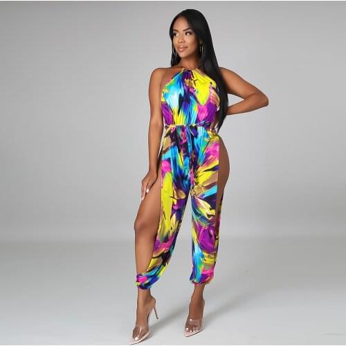 Tie Dyeing Print Casual Rompers Womens Jumpsuit Cold Shoulder Sleeveless Full Length Overalls Summer Side High Split Bodysuits