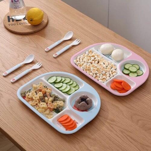 5pcs/Baby Tableware Set Cartoon Kids Bamboo Dishes Plate Bowl Spoon Fork Cup Solid Food Self Feeding for Children Creative Gift