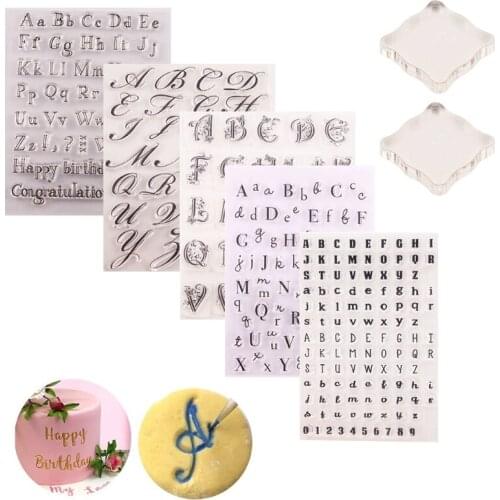 5pcs Letter Alphabet Fondant Cake Stamp with 2pcs Back Plate for Cookies Biscuit Decorating Tool Card Making