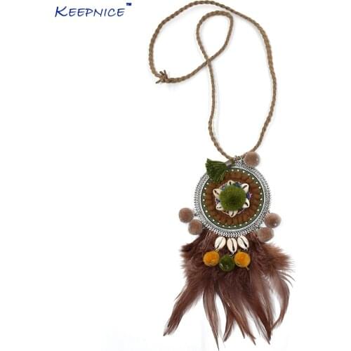 New Bohemian handmade Feather Tassel Pendants long Necklace leather cord Pompous velvet ball charm pendants neclace