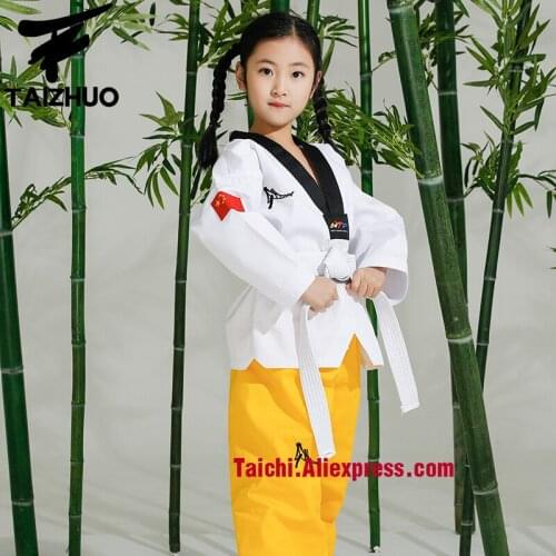 Martial Arts Tae Kwon Do Children Taekwondo Uinform For Poomsae & Training,WTF Uniform,110-155cm White Top +yellow Pants