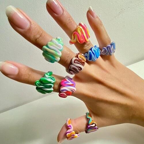 90s Aesthetic Rainbow Clay Tie-dye Curved Rings for Women Y2K Jewelry 00s Vintage Charms DIY Rainbow Cute Rings Friends Gifts