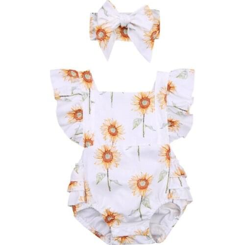 2Pcs Breathable Newborn Baby Girls Outfit Infant Summer Creative Sunflower Printing Fly Sleeve Suspender Romper + Bow Headwear