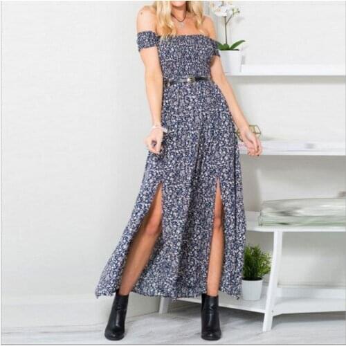 Summer Dresses Women Summer Bohemian Print Bodycon Long Dress Off Shoulder Short Sleeve Strapless Dress