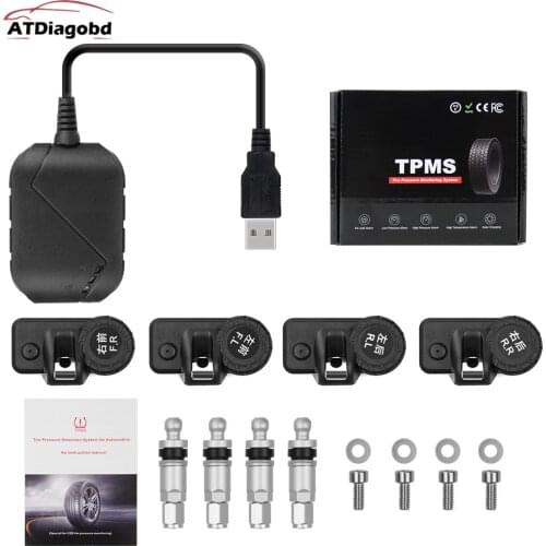 USB Android TPMS Car Tire Pressure Monitor with 4 External Sensors 116 psi Monitoring Alarm System 5V Wireless Transmission TPMS