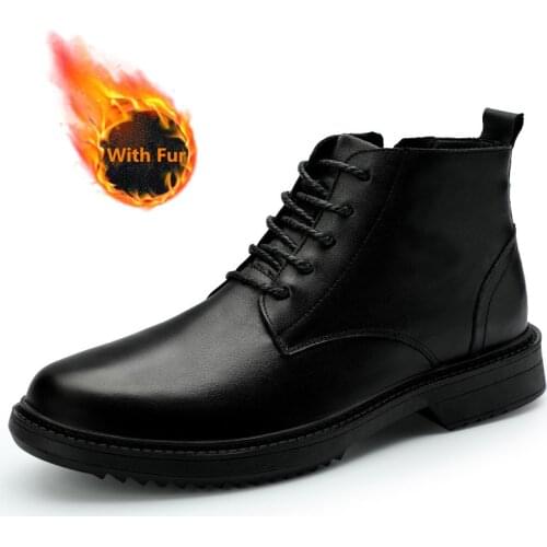 Mens Genuine Leather Casual Shoes High Winter Warm Quilted Boots Rubber Sole Non-slip with Fur Black business Shoes for Men 46