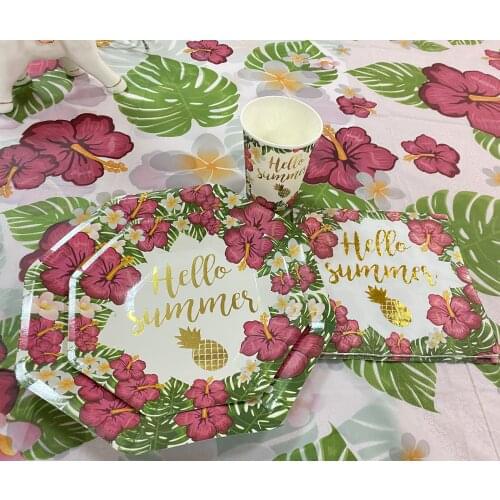 Omilut Summer Pineapple Palm Leaf Disposable Supplies Set Hawaii Birthday Party Disposable Plates/Cups/Napkins For Kid Decor