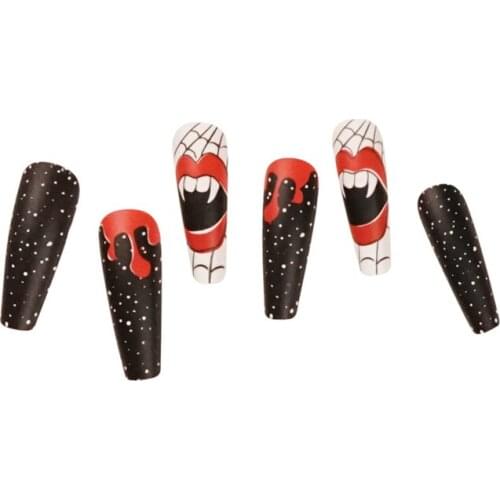 Halloween False Nails Grimace Printed Nail Patch Glue Type Removable Long Paragraph Fashion Manicure Fake Nail Patch For Girls