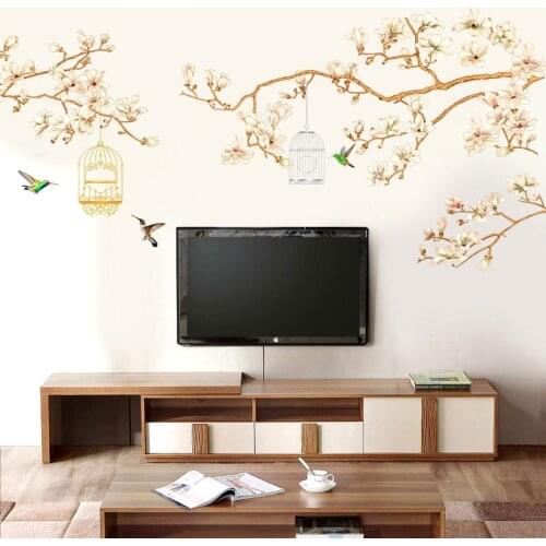 Chinese Style TV Background Wall Stickers Living Room Sofa Wall Decal 3D Magnolia Poster Bedroom Decor Self Adhesive Mural