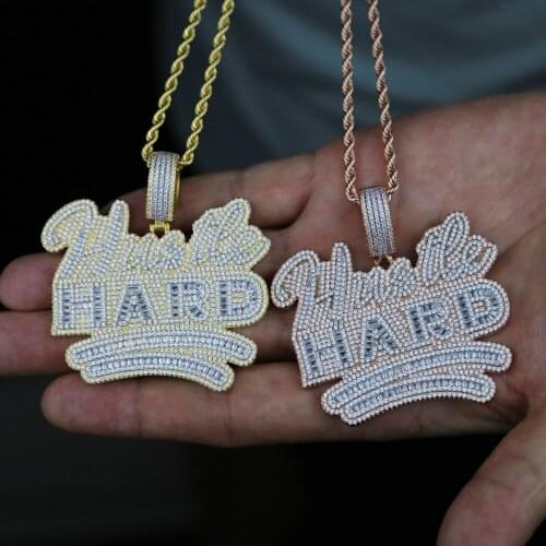 Wholesale New Design Large big Hustle Hard Letter Charm Pendant with Full cz Paved Rope Chain Necklace For Men boy Punk Hip Hop