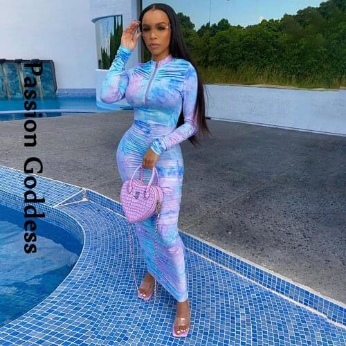 Fall Winter Tie Dye Print Ruched Maxi Dress Elegant Women Long Sleeve Bodycon Dress Pleated Slim Zipper Elastic Long Dress Mujer