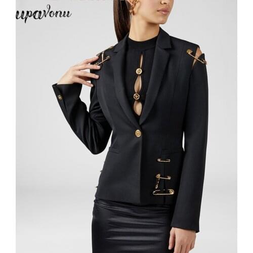 2019 Winter Fashion New Openwork Stitching Lace Button Suit Coat V-neck Female Gap Long Sleeve Slim Elegant Female Coat