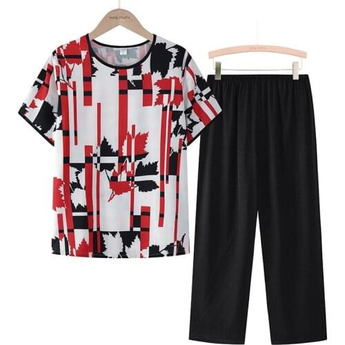 Summer Loose 2 Piece Set 2021 Round Neck Print Short Sleeve Pajamas New Large Size Loose Casual Women Wide-leg Black Pants Suit