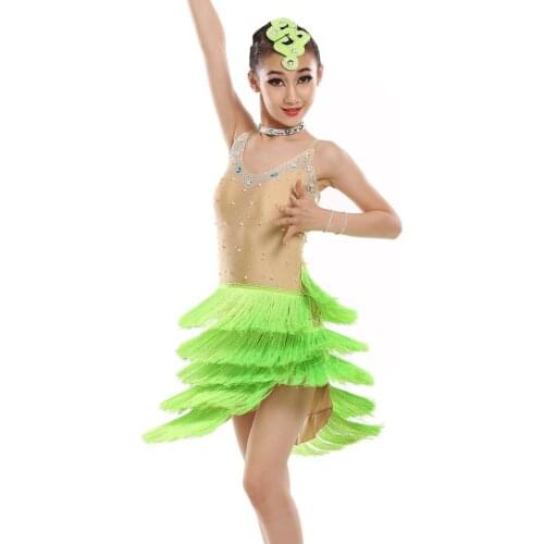 Customize girl green/pink Latin dance dress professional woman tassel sequined Rumba Samba tango dance competition dress