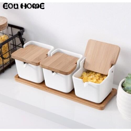 Useful Herb Spice Tools Seasoning Jars Salt Sugar Tea Storage Jars with Wooden Lid Ceramic Seasoning Rack Kitchen Utensils