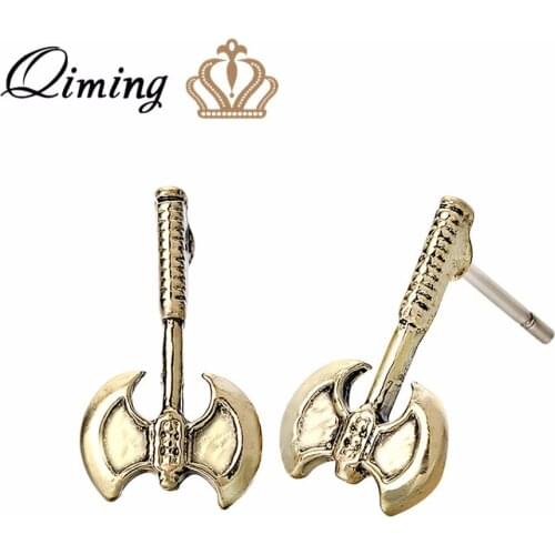 QIMING Perun Axe Slavic Earrings For Women Hatchet Gold Bronze Soldiers Warrior God Peruns Big New Stud Earrings Bijoux