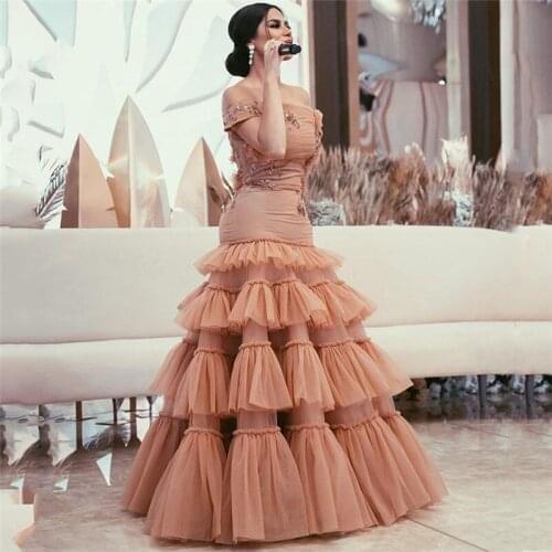 Modest Arabic 2020 Mermaid Formal Party Dresses Women Tulle Ruffles Sequined Floral Champagne Long Prom Gowns