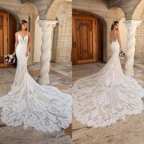 2021 Wedding Dresses Lace Appliques Mermaid Bridal Gowns Spaghetti Straps Buttion Back Wedding Dress Vestidos De Novia